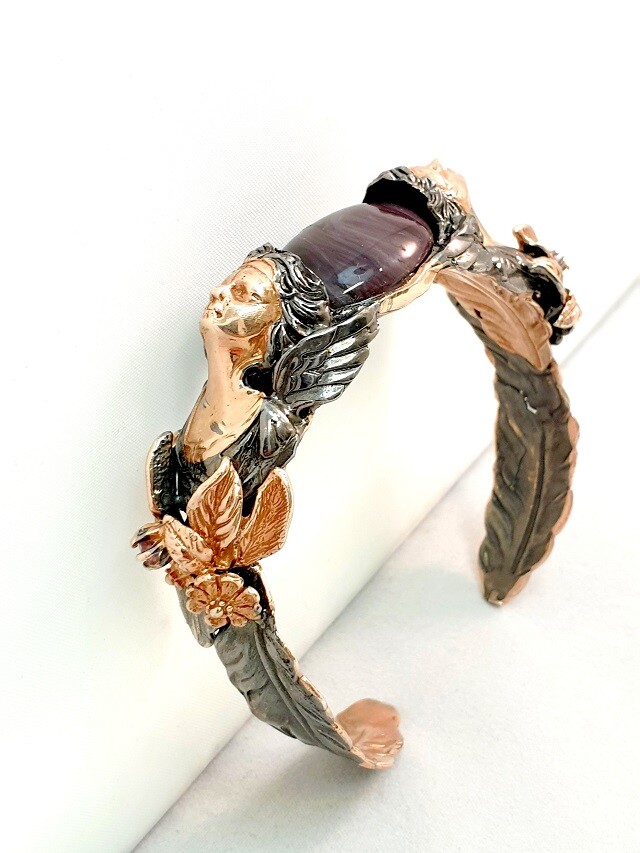 Rare Medusa Bracelet Sterling Silver 925 Rose Gold with Agate & Amethyst 1960