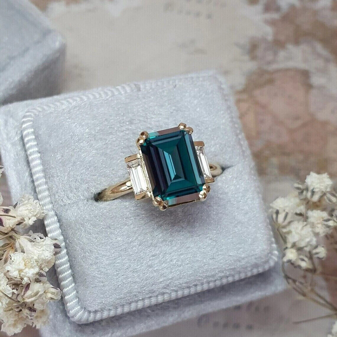 3.00 Ct Emerald Cut Natural Alexandrite Diamond & Wedding Ring 14K Yellow Gold