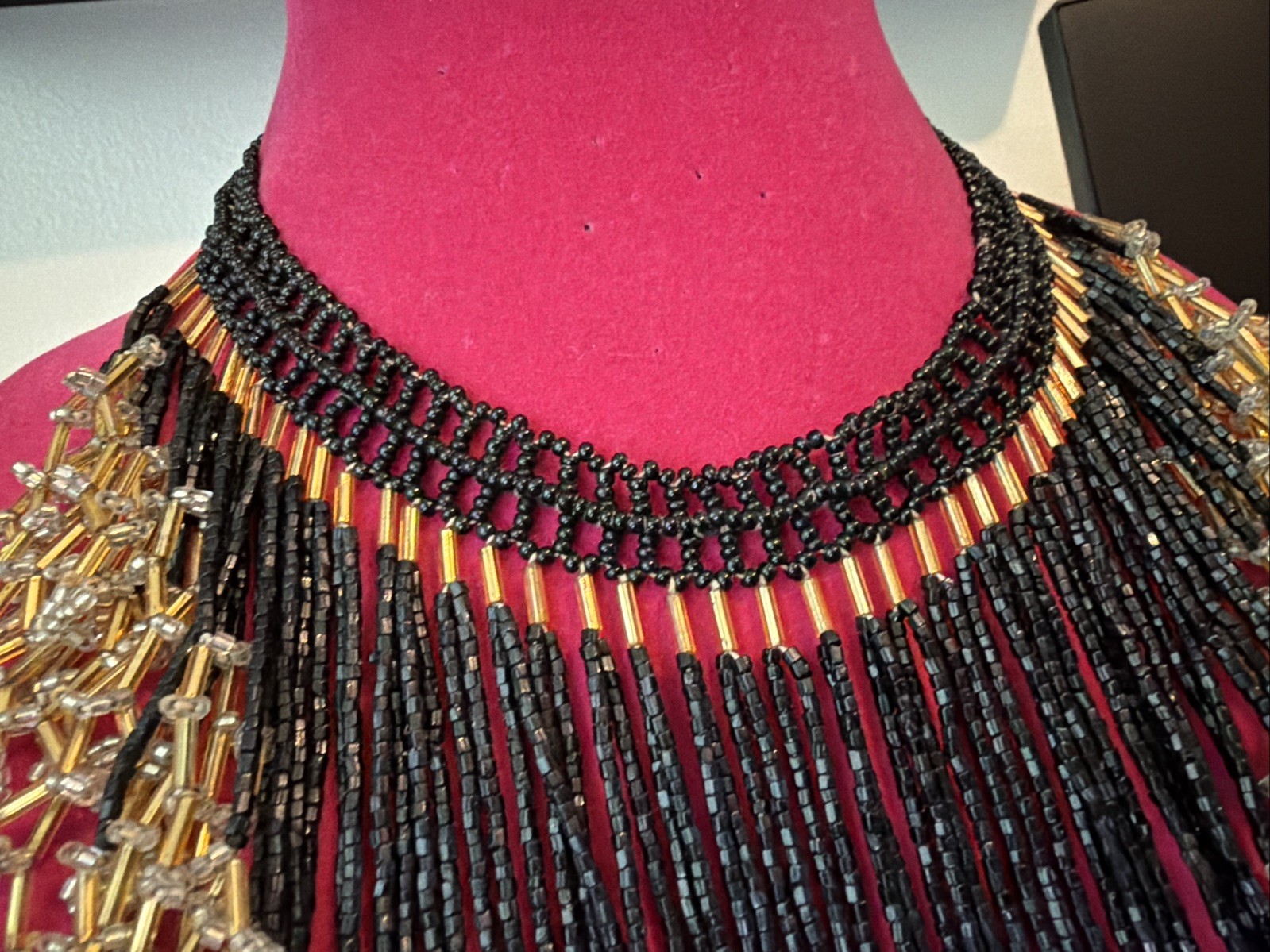 Vintage Fringe Beaded Bib Choker Collar Necklace Black & Gold 16″
