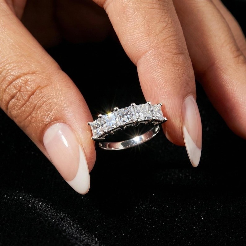 2.0 CT Princess Cut Moissanite 5 Stone 14K Gold Half Eternity Ring