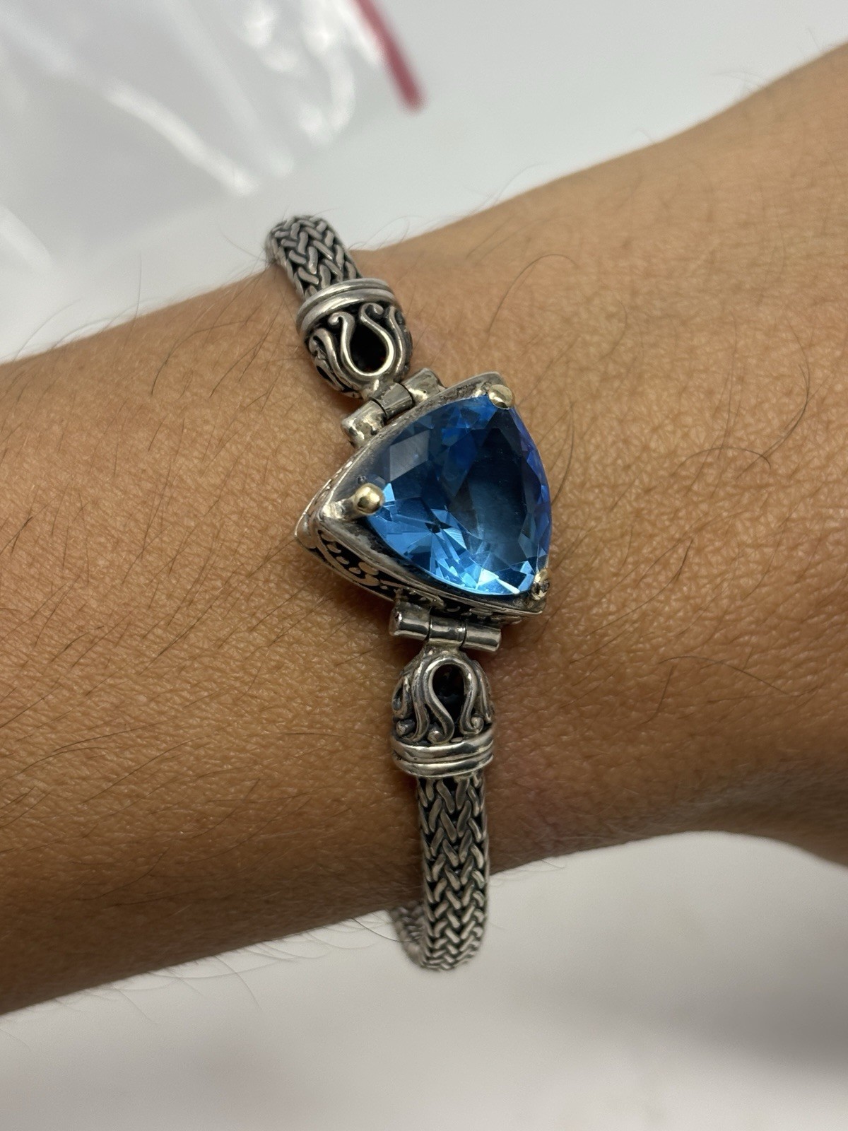Vtg David Schorr Sterling Silver 18K Gold Blue Topaz Woven Wheat Bracelet 7.5”