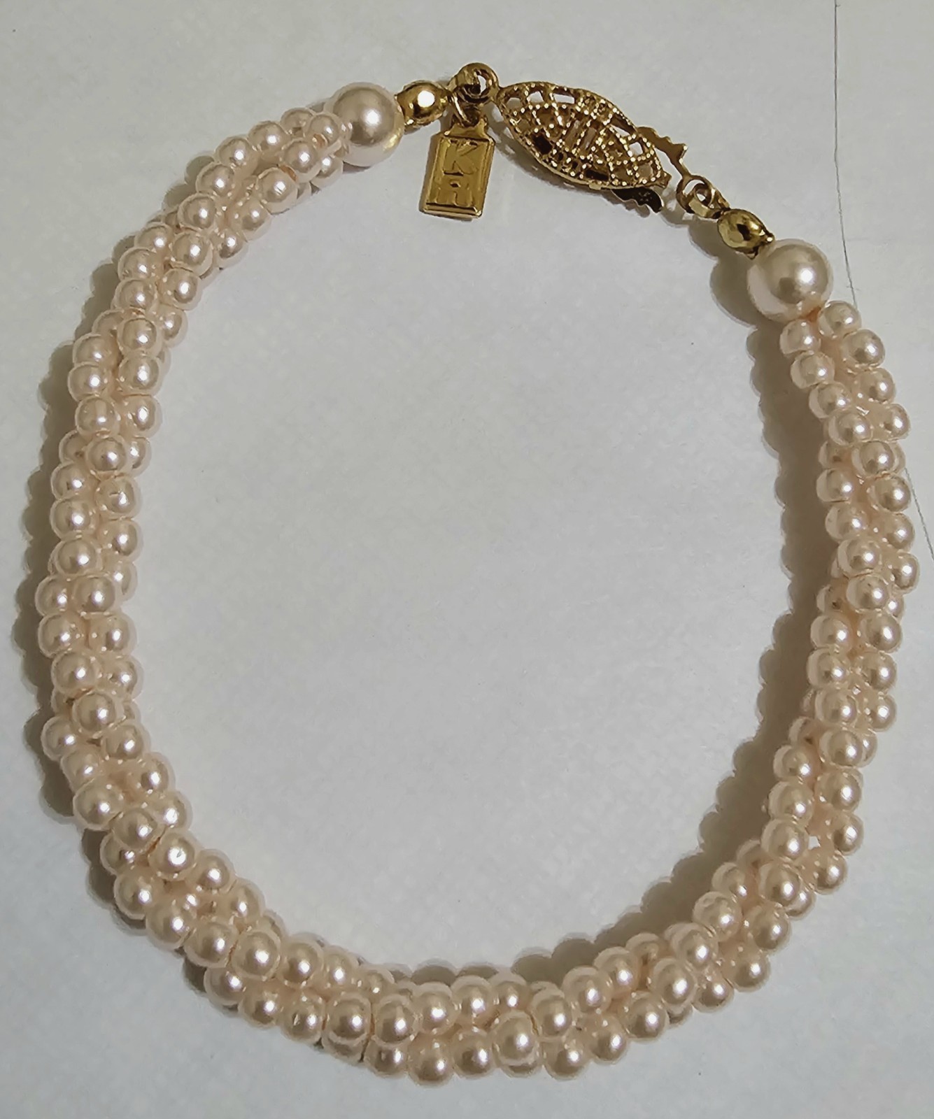 Soft Pink & White 3 Strand Faux Pearl Bracelet Fits Approx 6″ To 6 1/2″ Signed