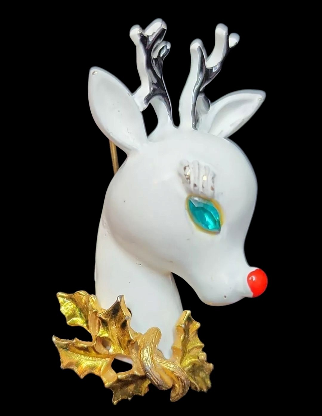 Vtg ART Arthur Pepper White Enamel Rudolph Jeweled Eye Brooch 1950s Christmas