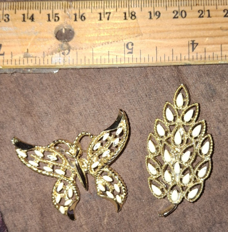 set 2 Vintage 1970s Gerry’s White Enamel butterfly & Leaf Gold Tone Brooch