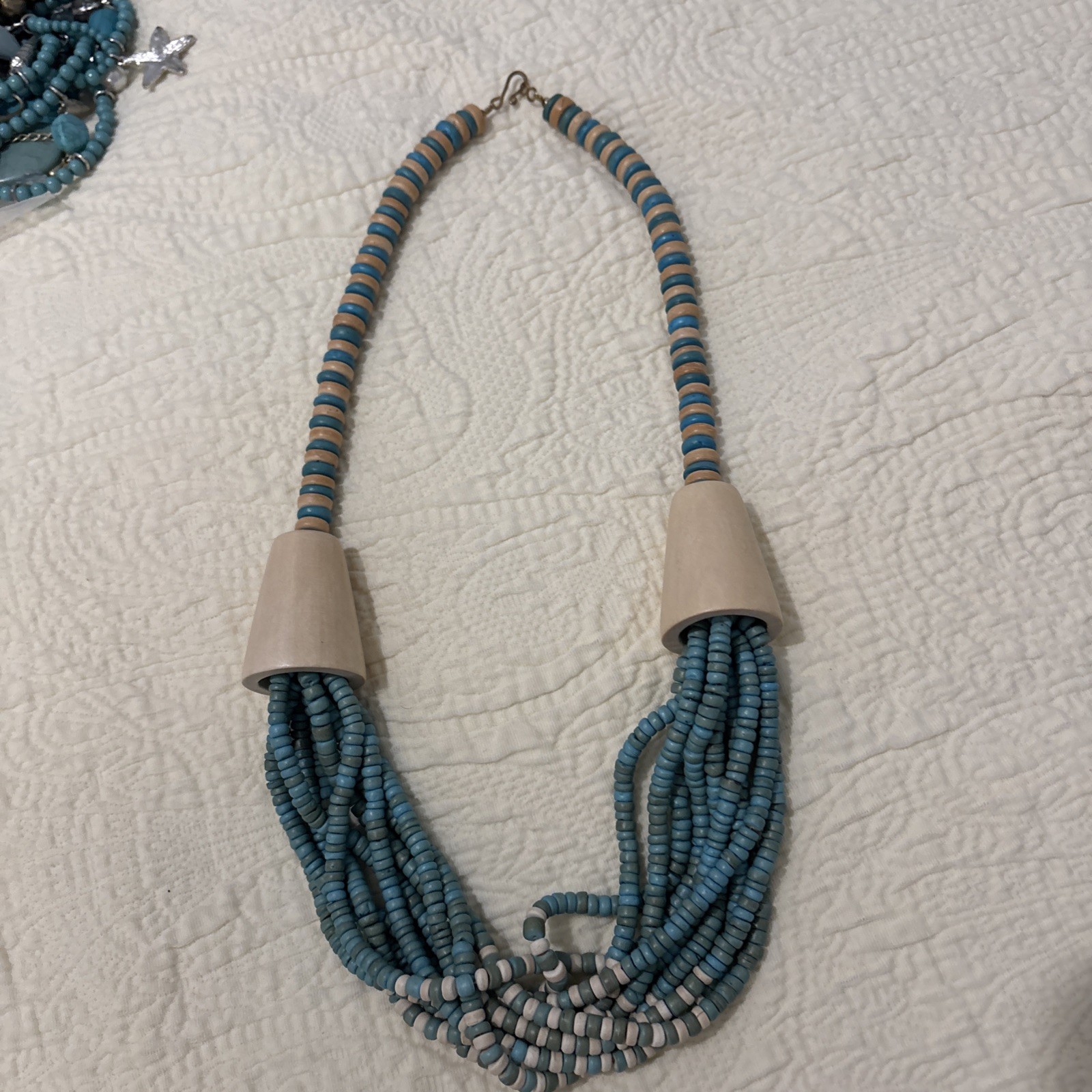Vintage Exotic Boho Tribal Blue Beige Wood Beads Statement Necklace 26”