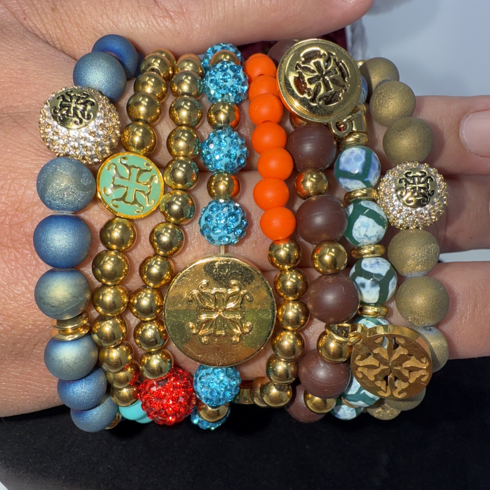 Rustic Cuff Bracelet Set Beaded Charm Stretch Colorful Gold Tone Multicolor Lot
