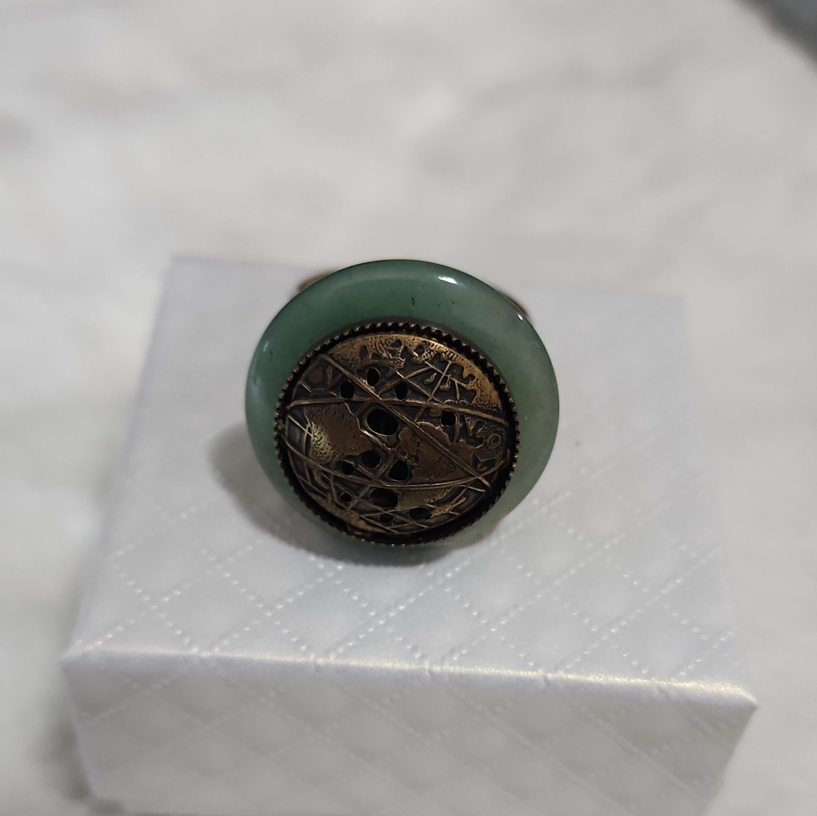 Vintage Jan Michaels ring in antiqued bronze tone, adjustable and signed.