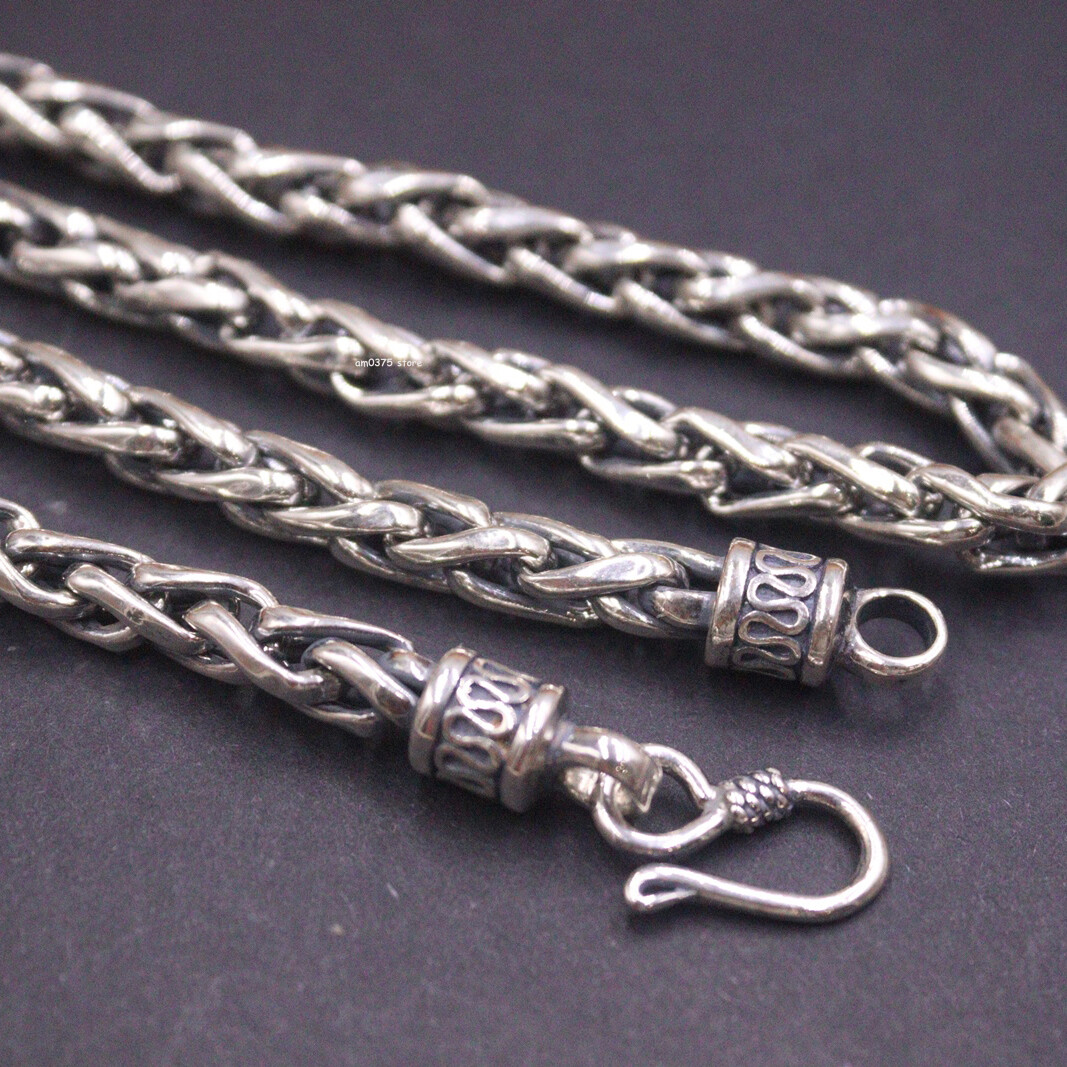 Real S925 Sterling Silver Chain Men’s 6mm Round Wheat Link Necklace 24inch /56g