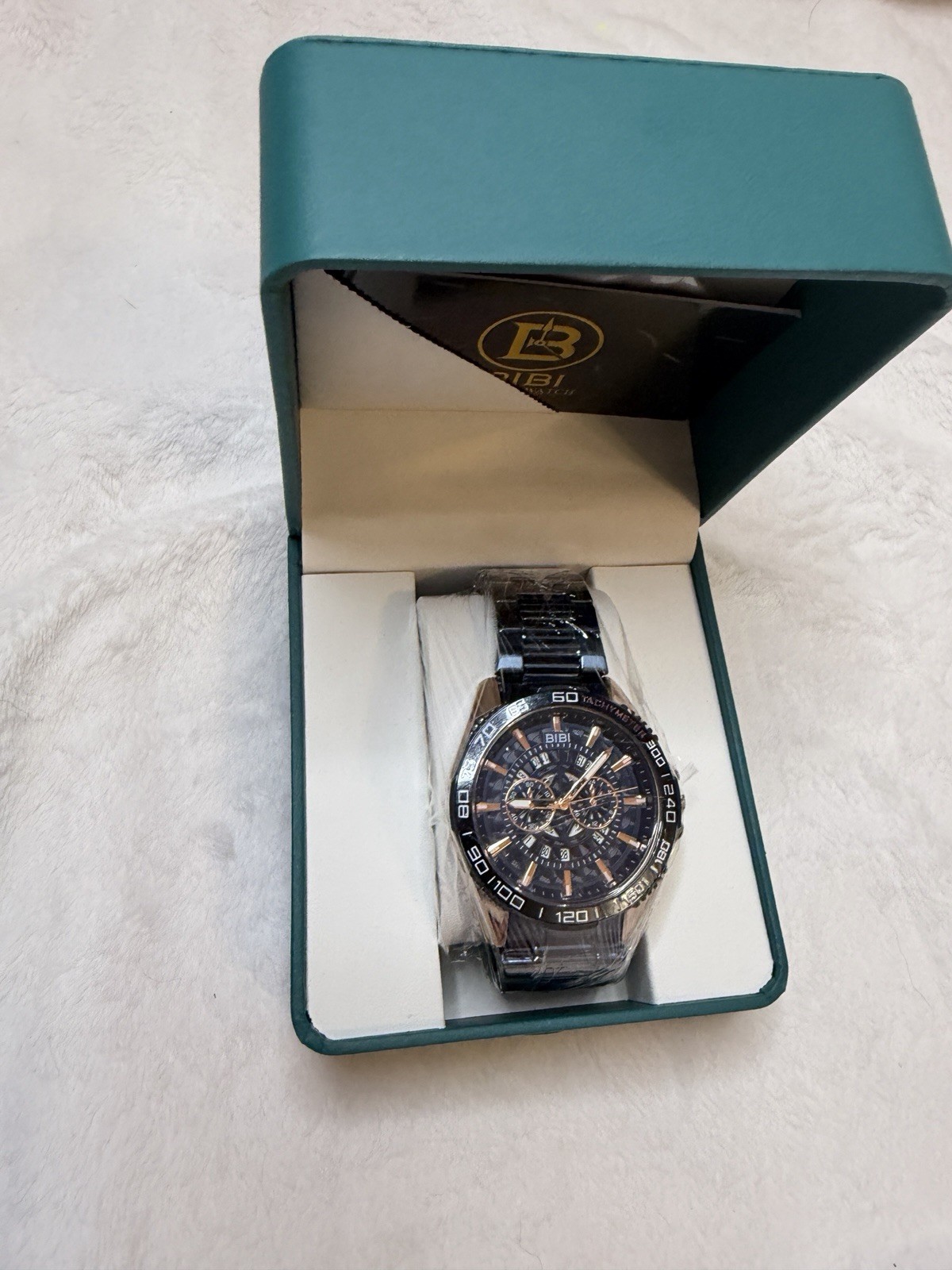 BIBI Blue Dial Chronograph Quartz Gold Blue Tone Metal Bracelet Tachymeter Box