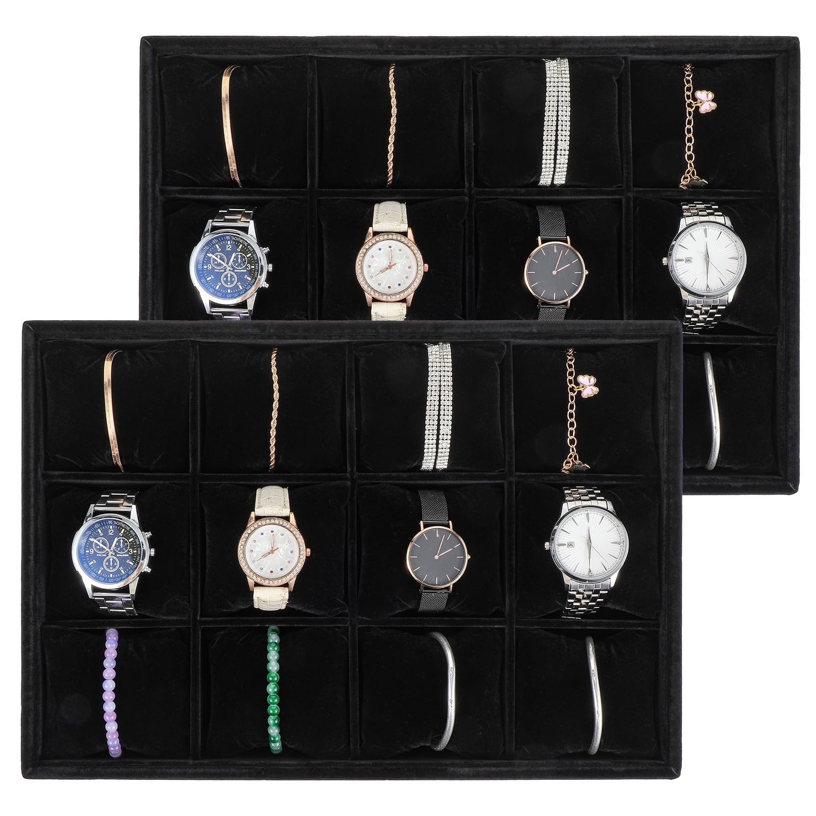 Tobeelec 2 Pcs Velvet Watch Tray Jewelry 13.77 x 9.44 x 1.96 inches, Black