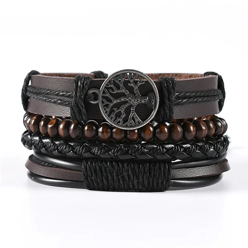 4Pcs/ Set Braided Wrap Leather Bracelets for Men Vintage Life Tree Rudder Charm
