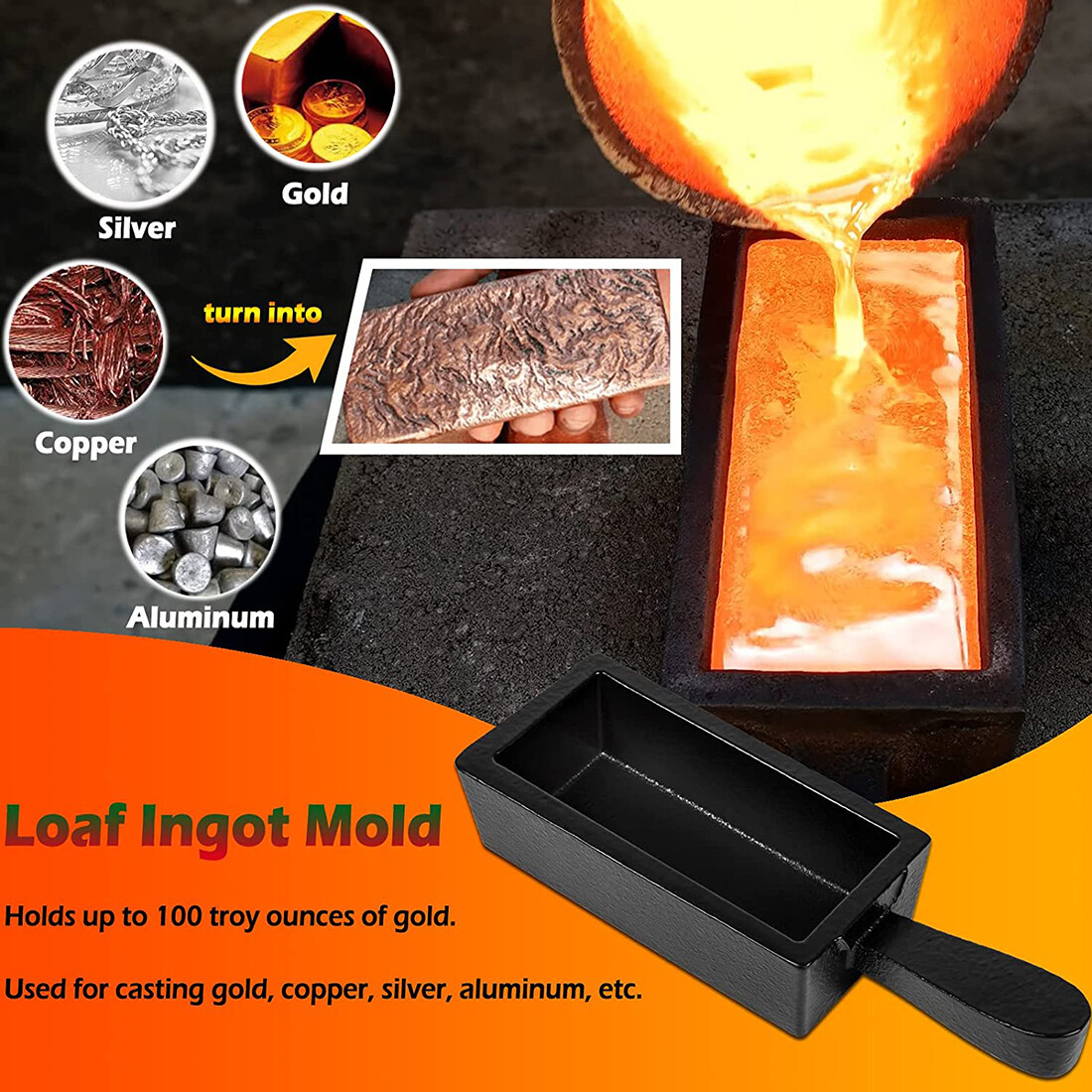100 oz Cast Iron Loaf Bar Ingot Mold W/ Handle Melting Gold Silver Copper Scrap