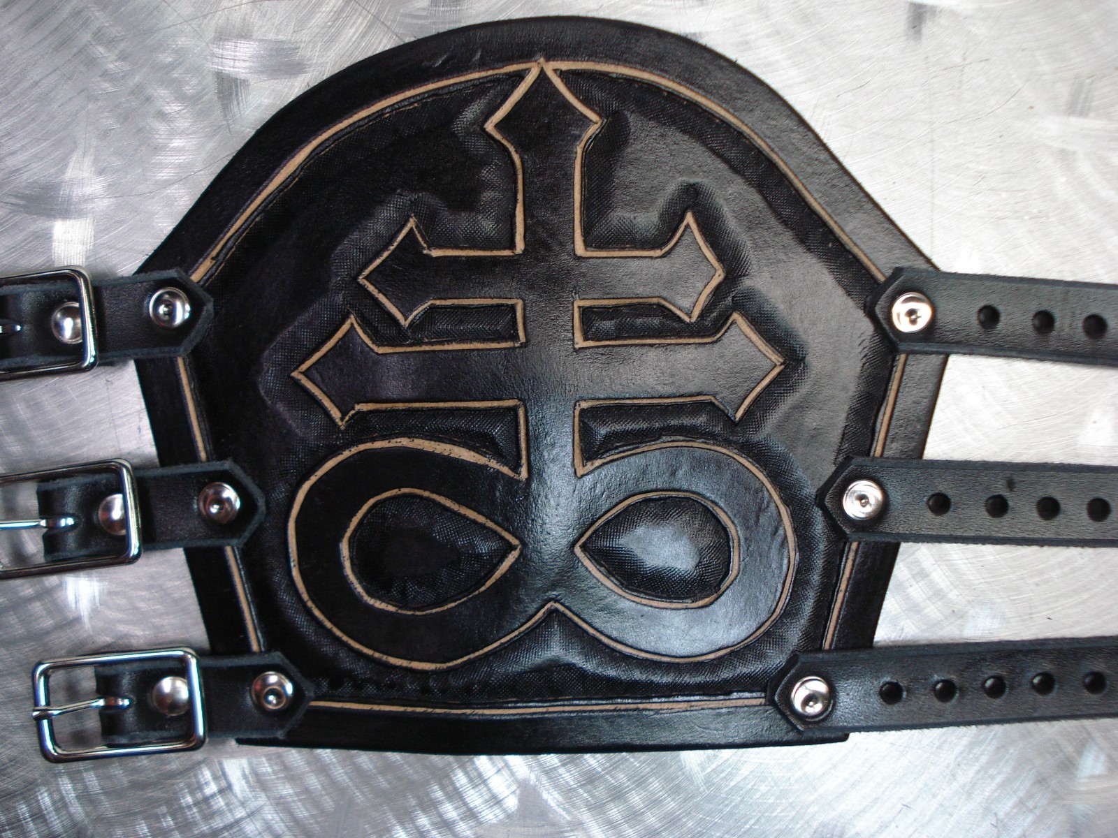BLACK CARVED SATANIC LEATHER GAUNTLET. HEAVY METAL (MDLG0328)…..KING DIAMOND