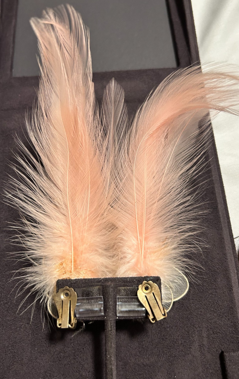 Vintage 1950’s Real Feather Butterfly Pink Special Occasion Earrings Clip-On 6″