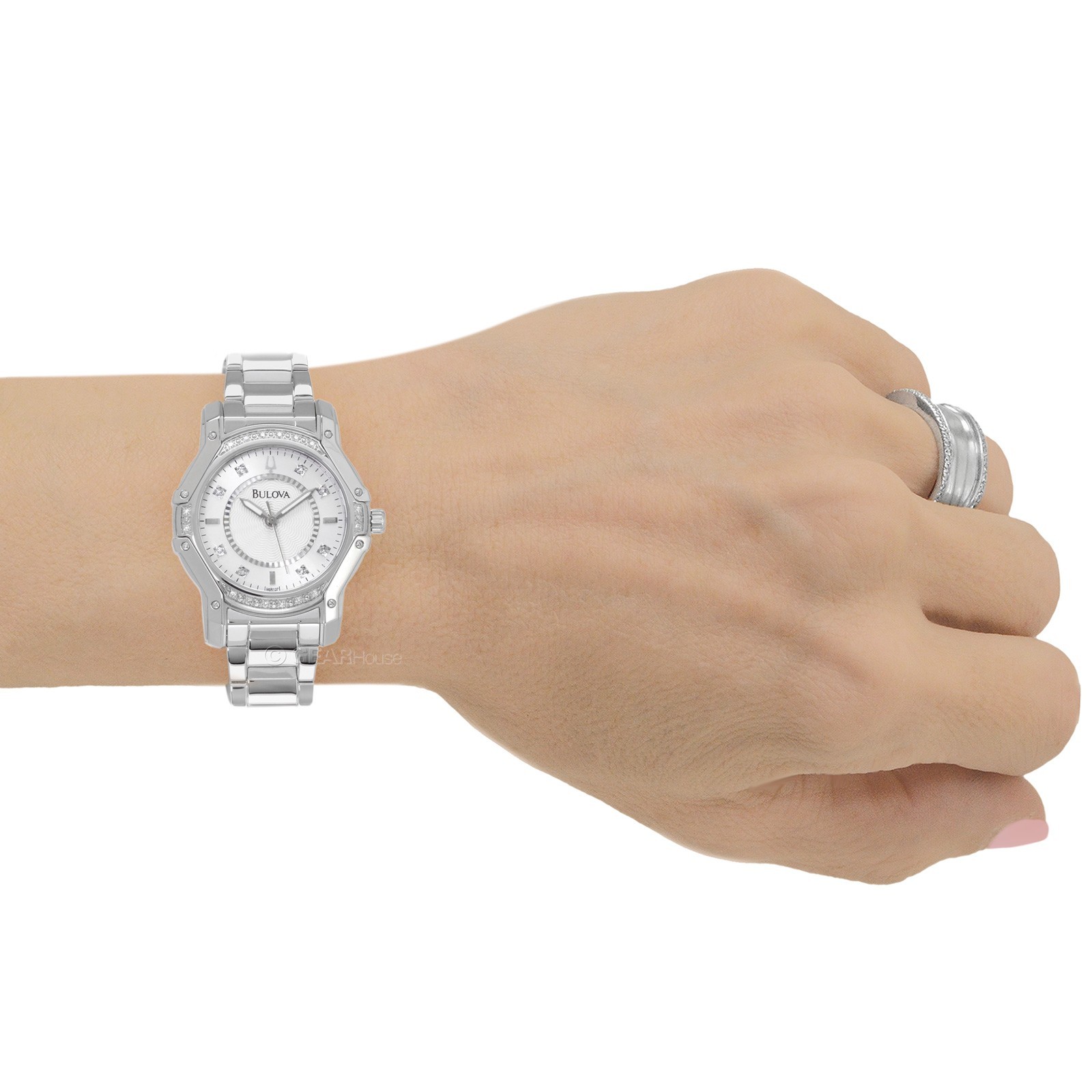 BULOVA Womens 24 Diamonds Dress Watch, Silver Dial, Stainless Steel Band