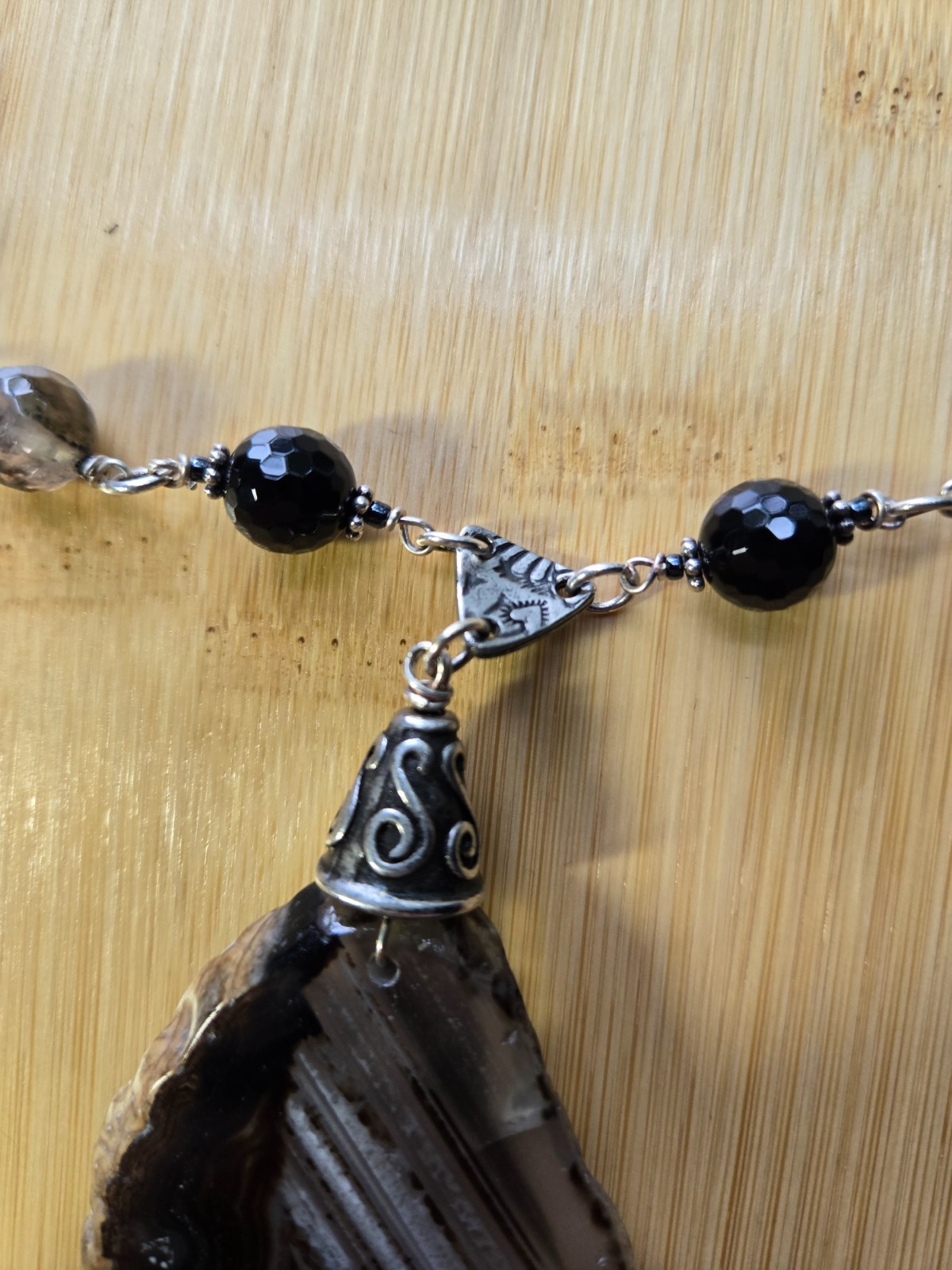 Banded Brown and White Agate Pendant Necklace 26″