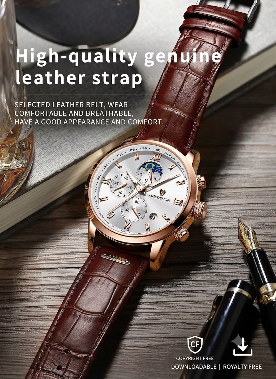Men’s Watches Quartz Luminous Date Dial Waterproof Leather Business Wristwatch