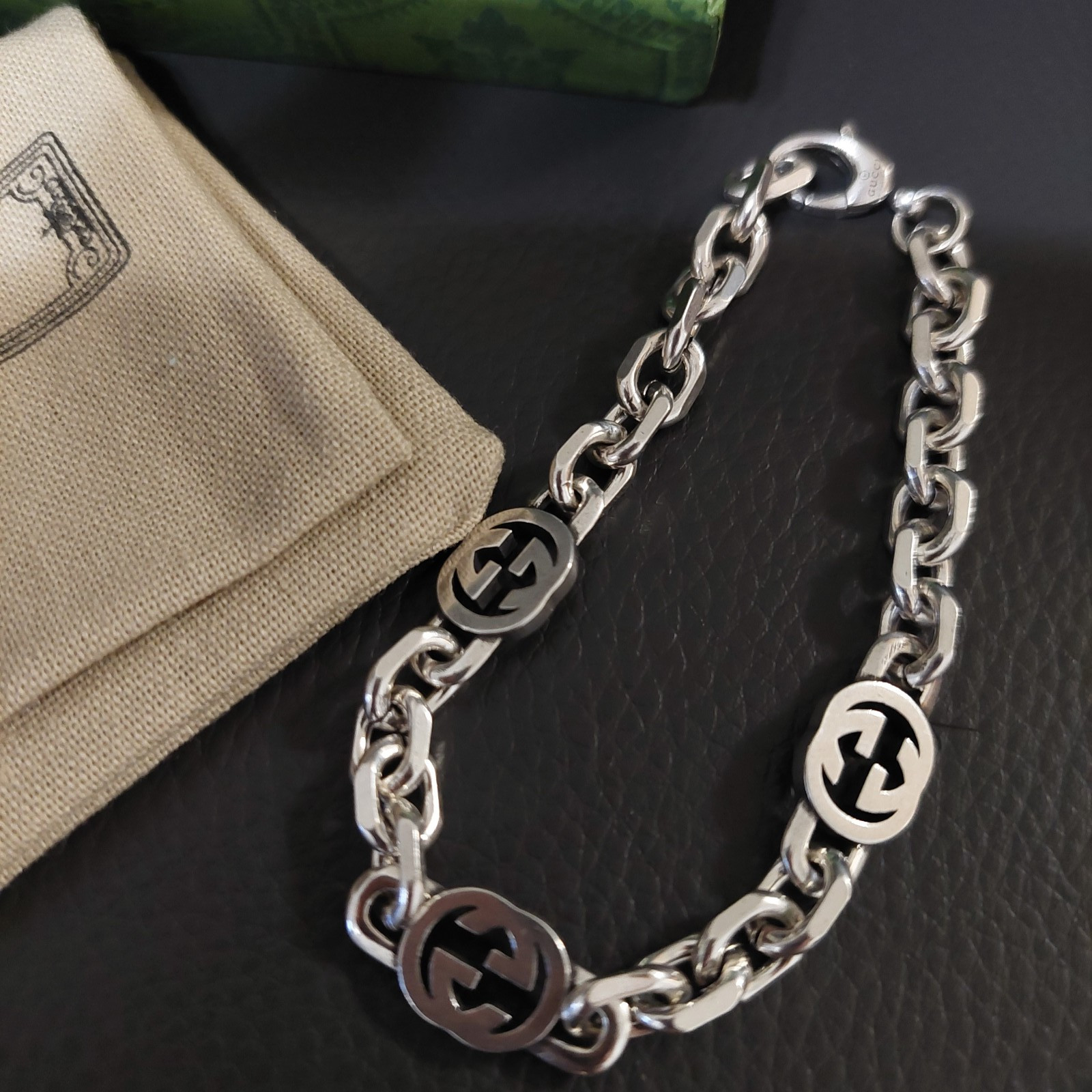 Gucci 925 Silver GG Oval Link Chain 20 Bracelet 8″