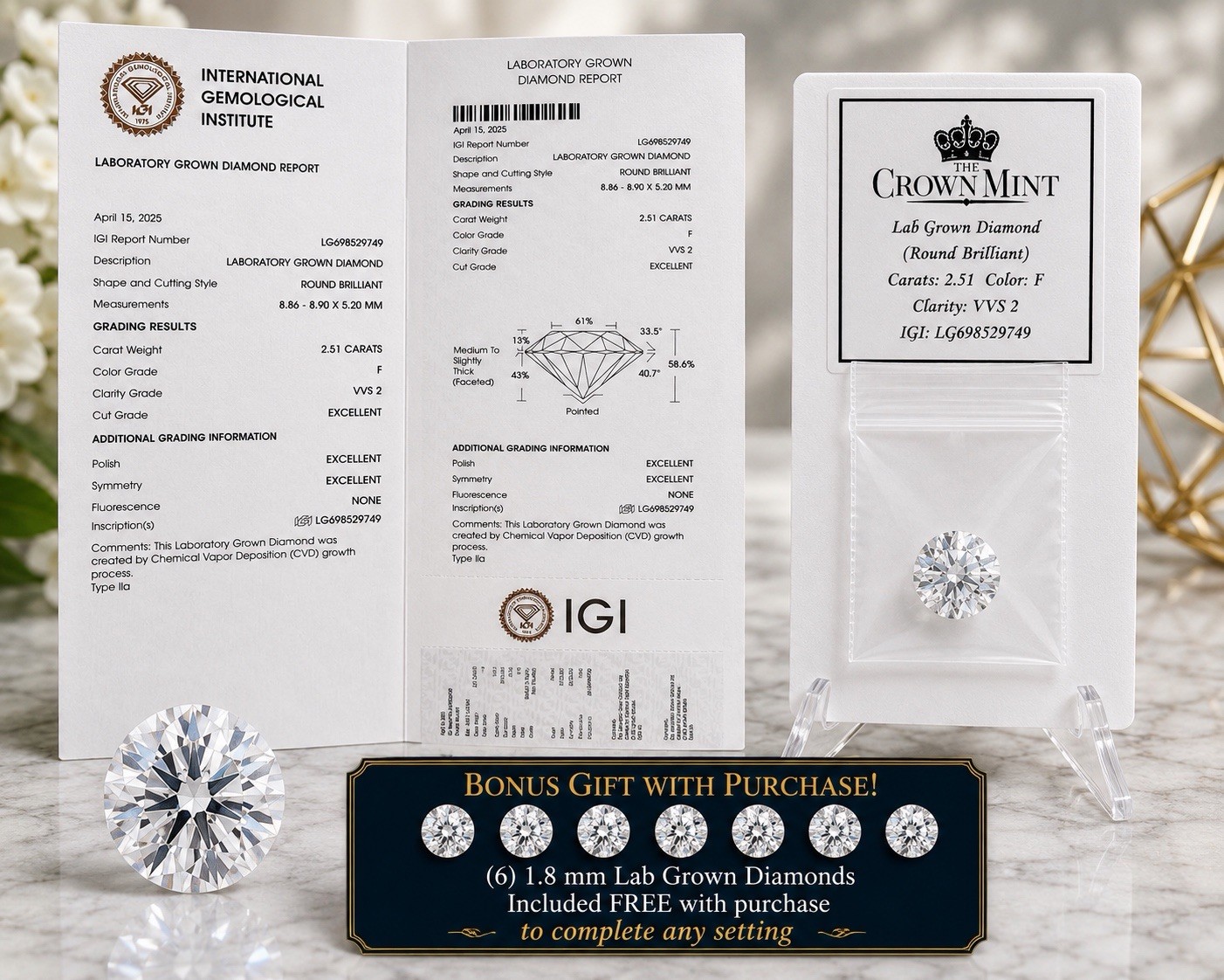 2.51 Ct IGI Certified Lab Grown Diamond F VVS2 Round Brilliant Excellent