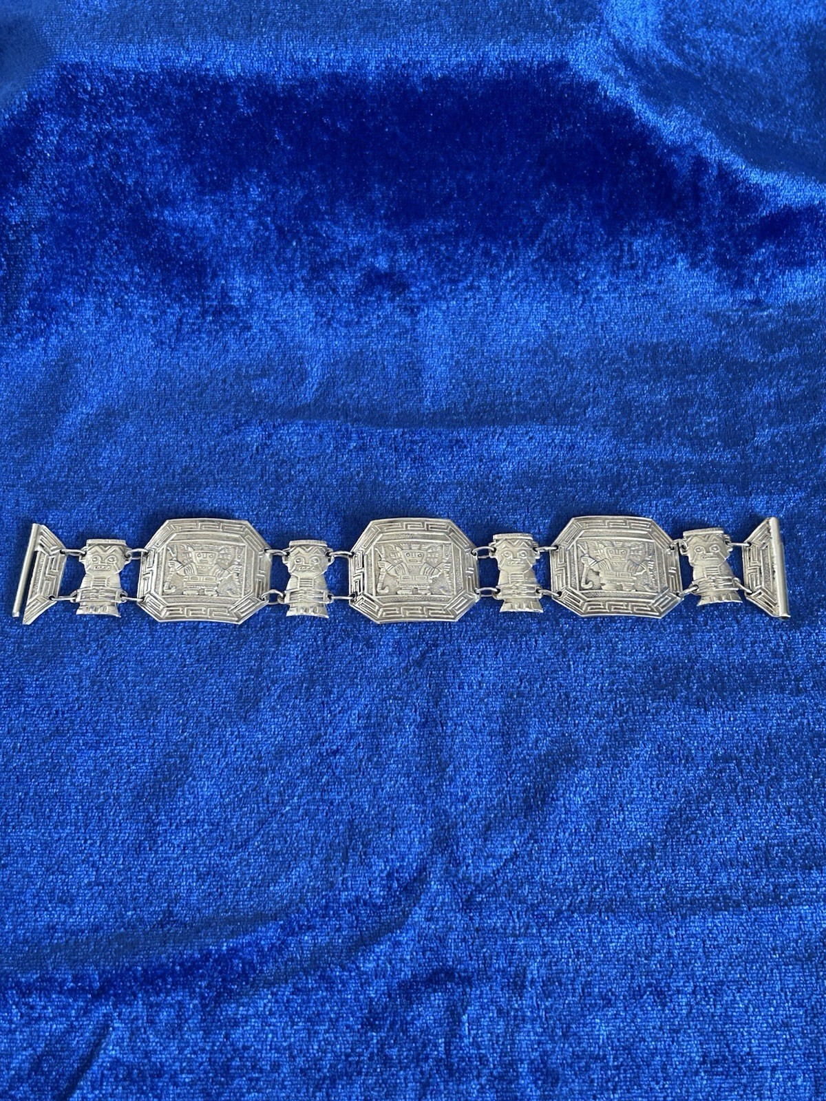 Vintage Estate Sterling Silver Inca Guardians Panel Bracelet Handmade Peru Old