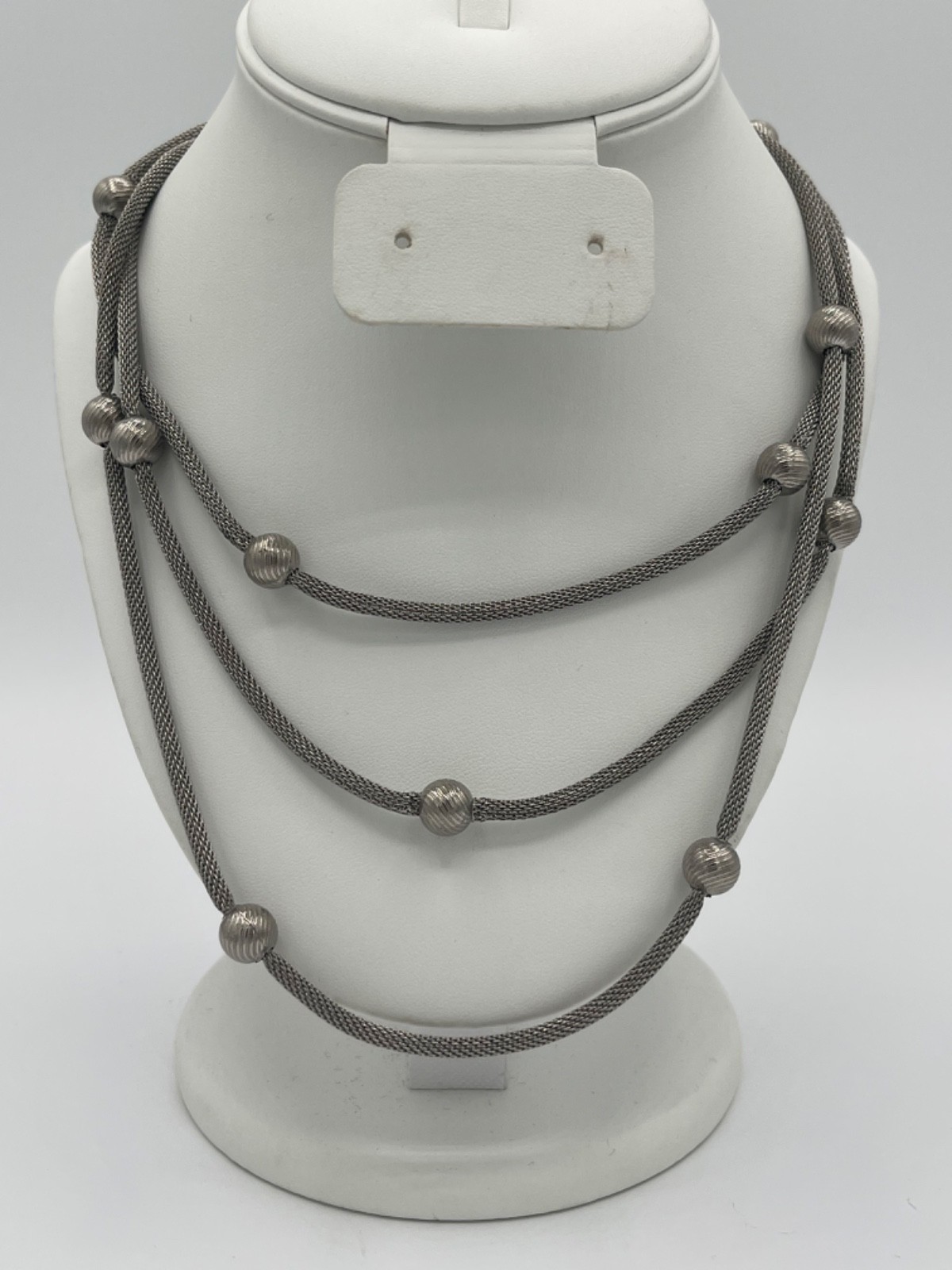 60″ Silver Tone Mesh Necklace With Textured Bead Accents