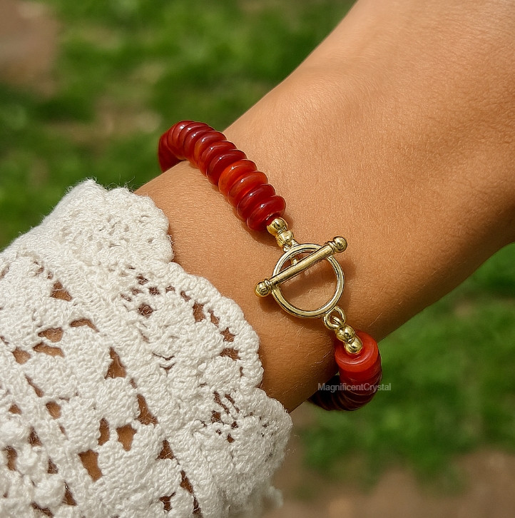 Minimalist Red Carnelian Bracelet Classic Toggle Crystal Gemstone Women Jewelry