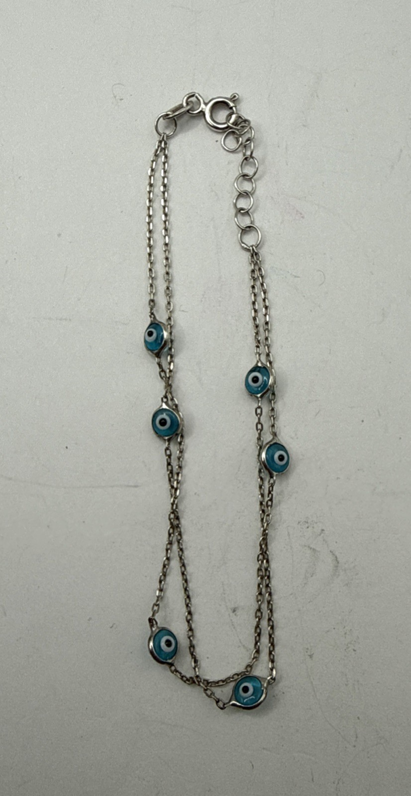 Sterling Silver Evil Eye Bracelet Double Strand & Double Sided Glass 7” Variable