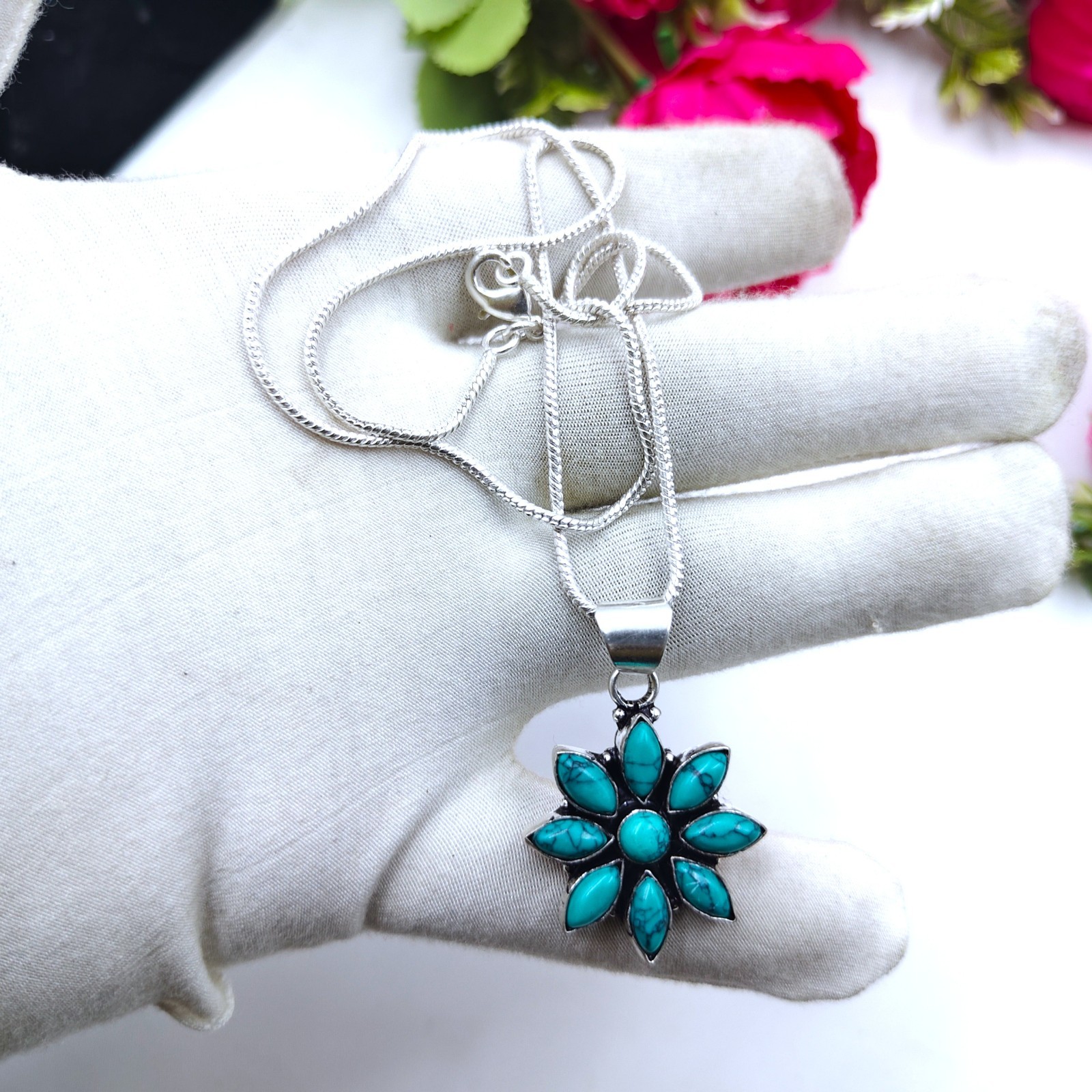 Blue Turquoise Gemstone 925 Sterling Silver Jewelry Pendant Necklace Size-17-18″