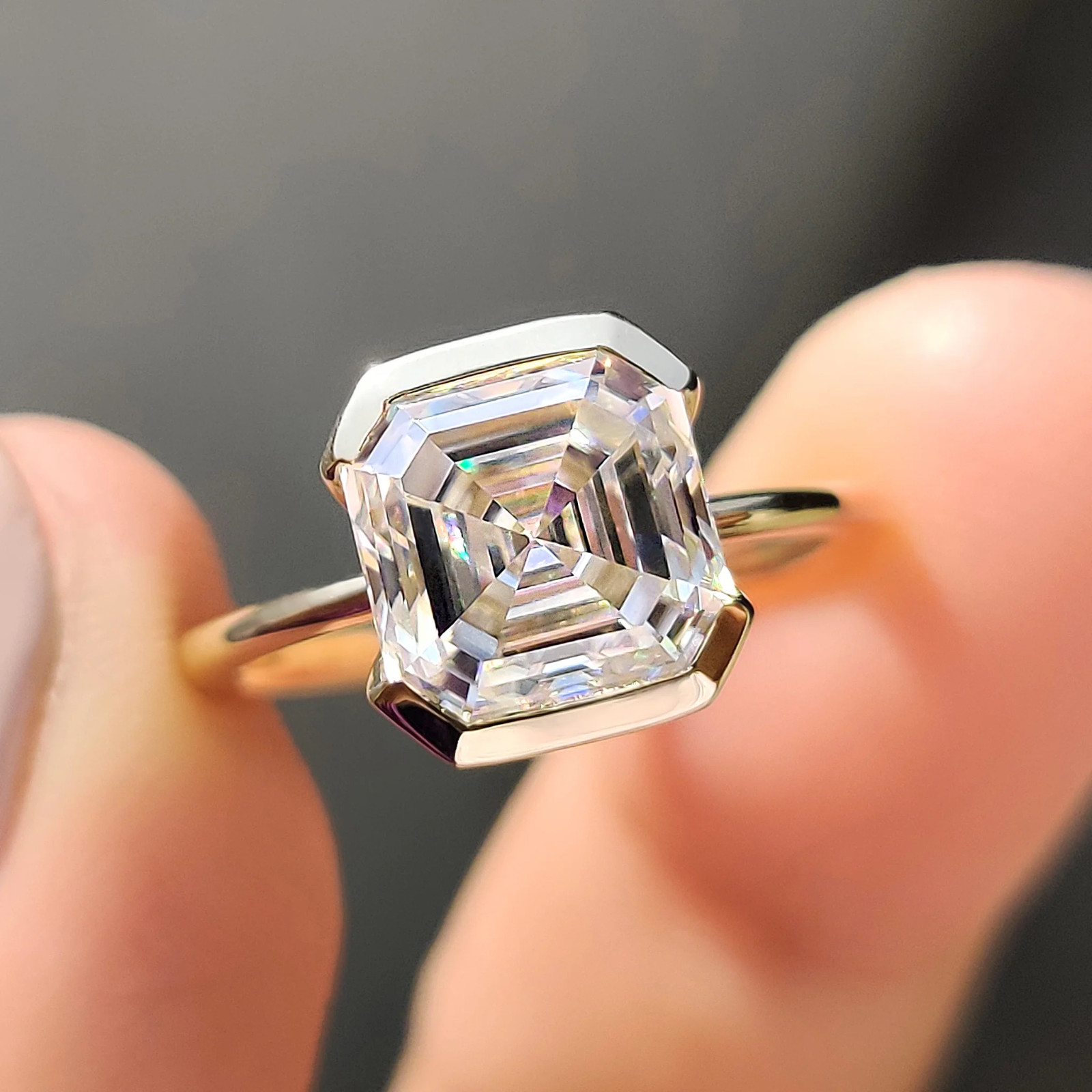 2.0CT Asscher Cut Moissanite Half Bezel Engagement Ring 14K Yellow Gold Plated