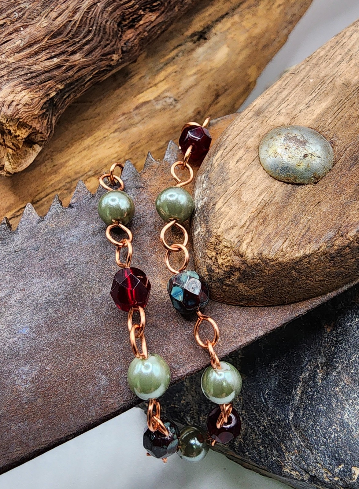 Handcrafted Copper Chain Bracelet with Czech Garnet, Sage Green and Burgundy Red