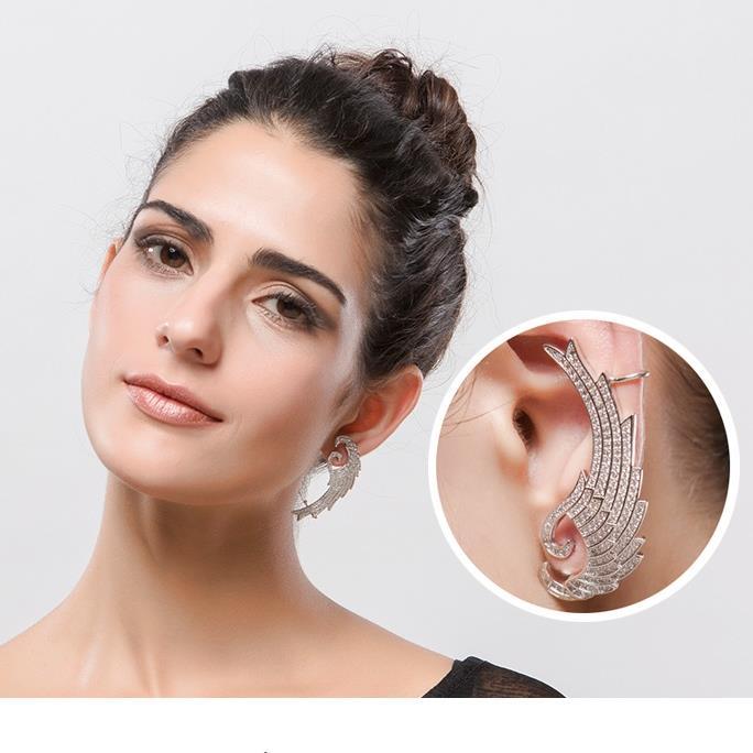 Shiny Silver CZ Cubic Zirconia Large Wing Earrings Ear Cuff Crawler Climber