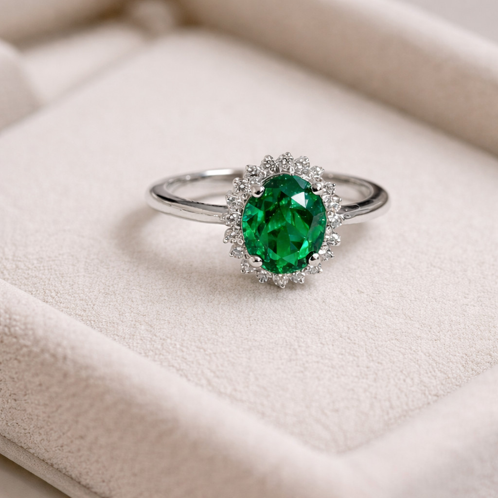 Oval Natural Emerald & Diamond Wedding Gift Ring 14k White Gold (Import Free)