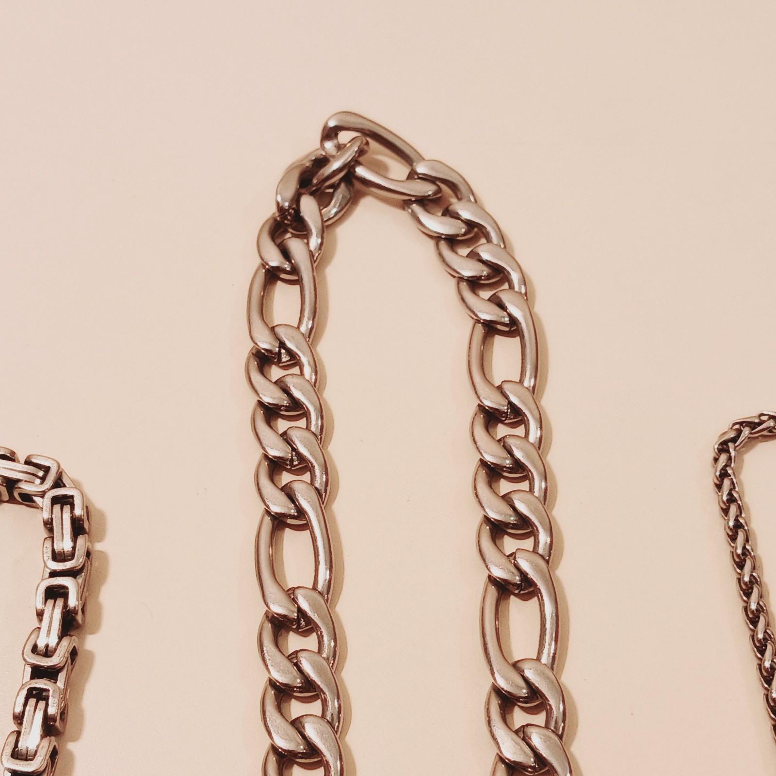 Stainless Steel Jewelry Set Lot: Byzantine Anklet 9″ Figaro Necklace 21″ Curb An