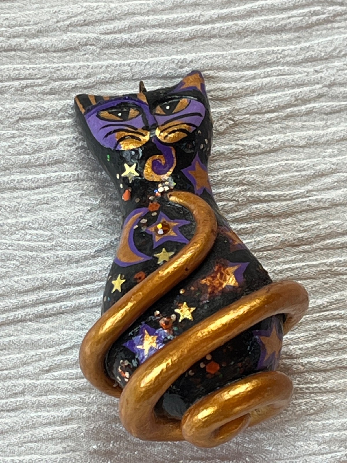 Large Black w Purple & Gilt Celestial Painted Wood or Resin Kitty Cat Pendant –