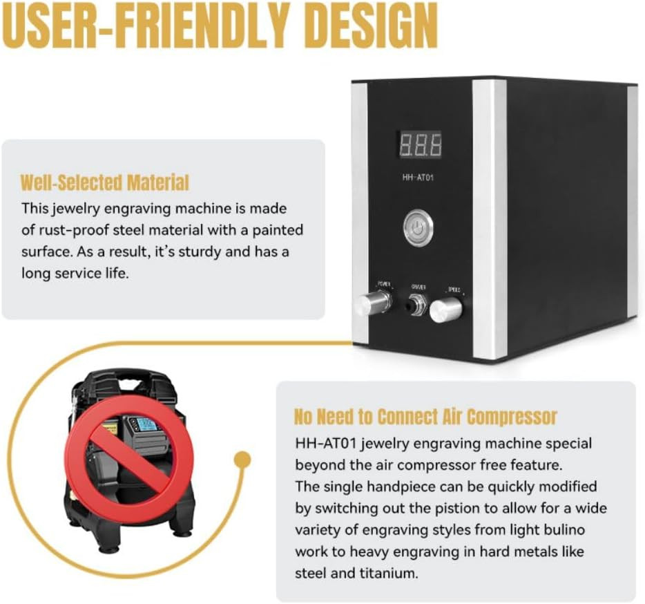 Air-Free Pneumatic Engraving Machine with Built-In Compressor for Jewelry