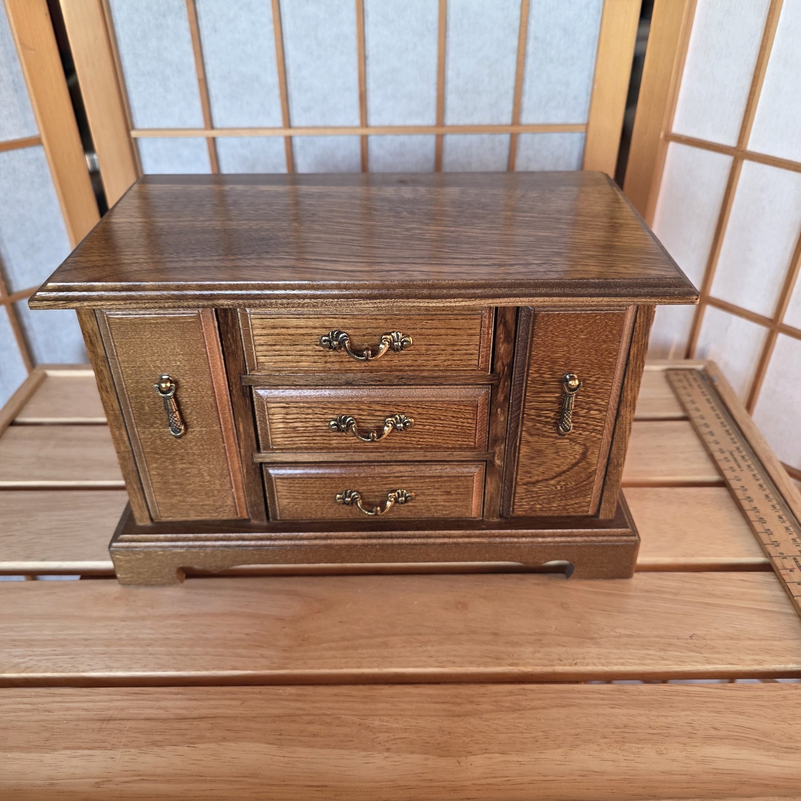 70-80s Wooden Credenza Jewelry Box Chest Armoire Side Wings Country Charm