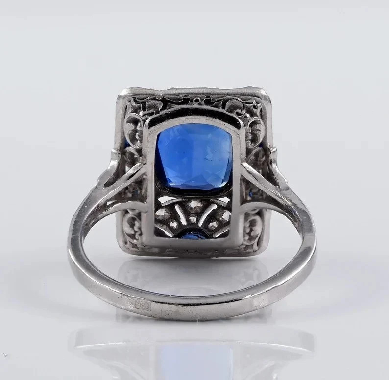 Art Deco Style Sapphire & Lab Created Diamond 14K White Gold FN Engagement Ring