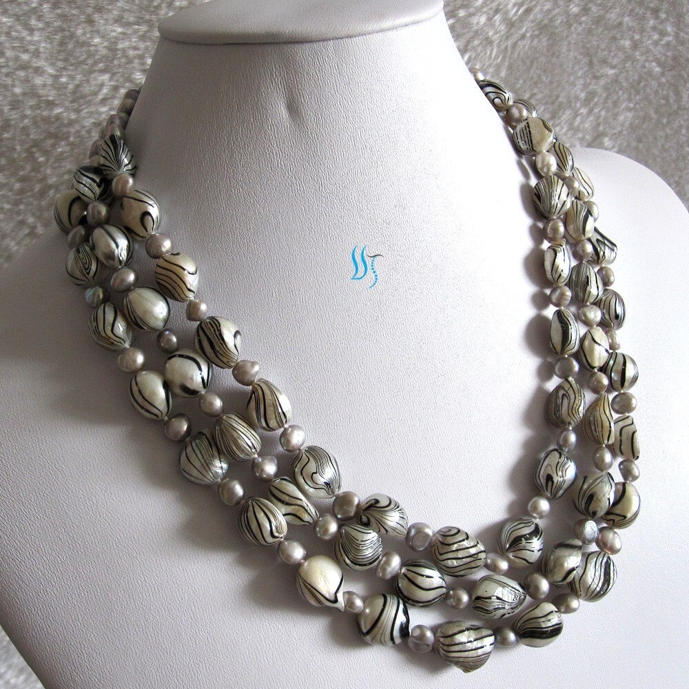 18-20″ 5-11mm Gray White Wave 3Row Baroque Freshwater Pearl Necklace
