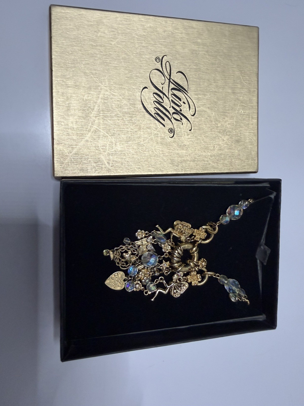 Vintage Kirks Folly Charm Necklace Dance w/Fairies AB Crystals & Charms Signed