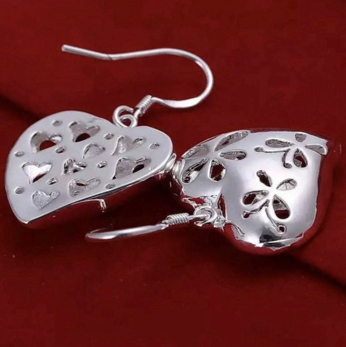 Women’s Silver Plated Heart Filigree Hook Earrings Gift US Seller A13
