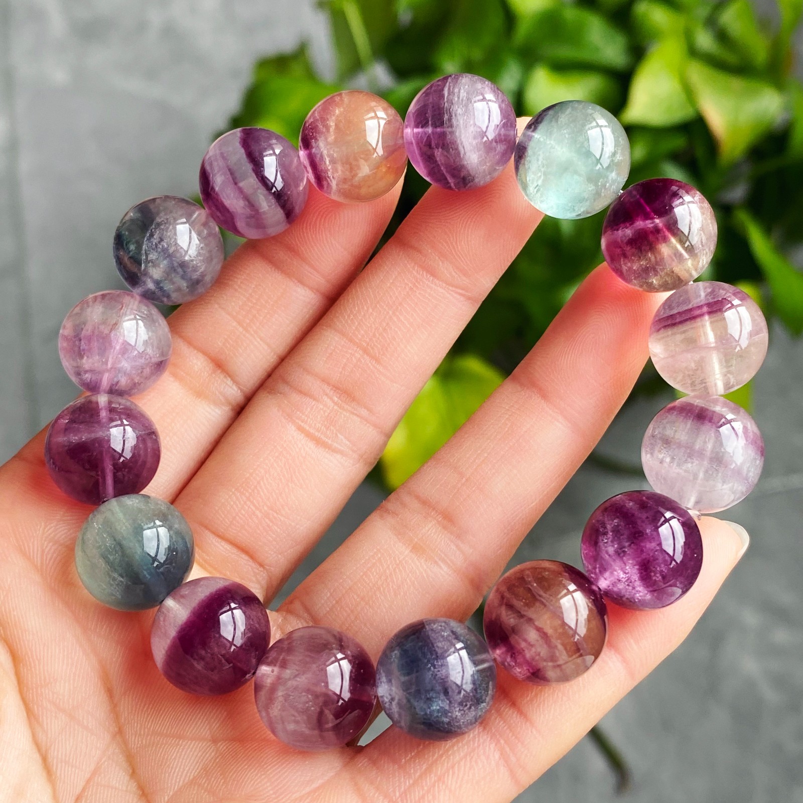 13.7mm Natural Color Fluorite Quartz Crystal Gemstone Beads Bracelet 2889