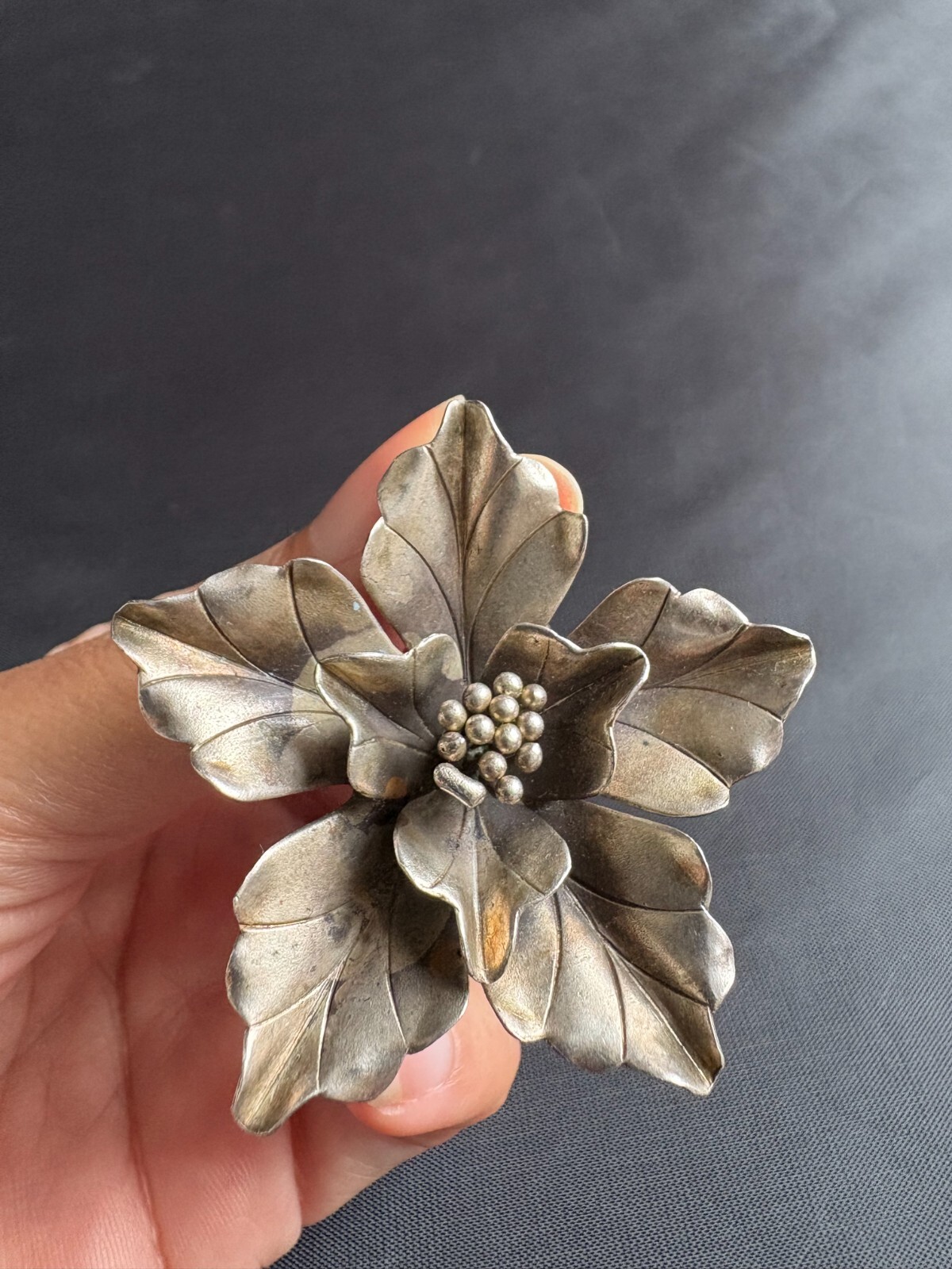 Vintage Poinsettia Flower Sterling Silver Pendant Handcrafted Matte Finish