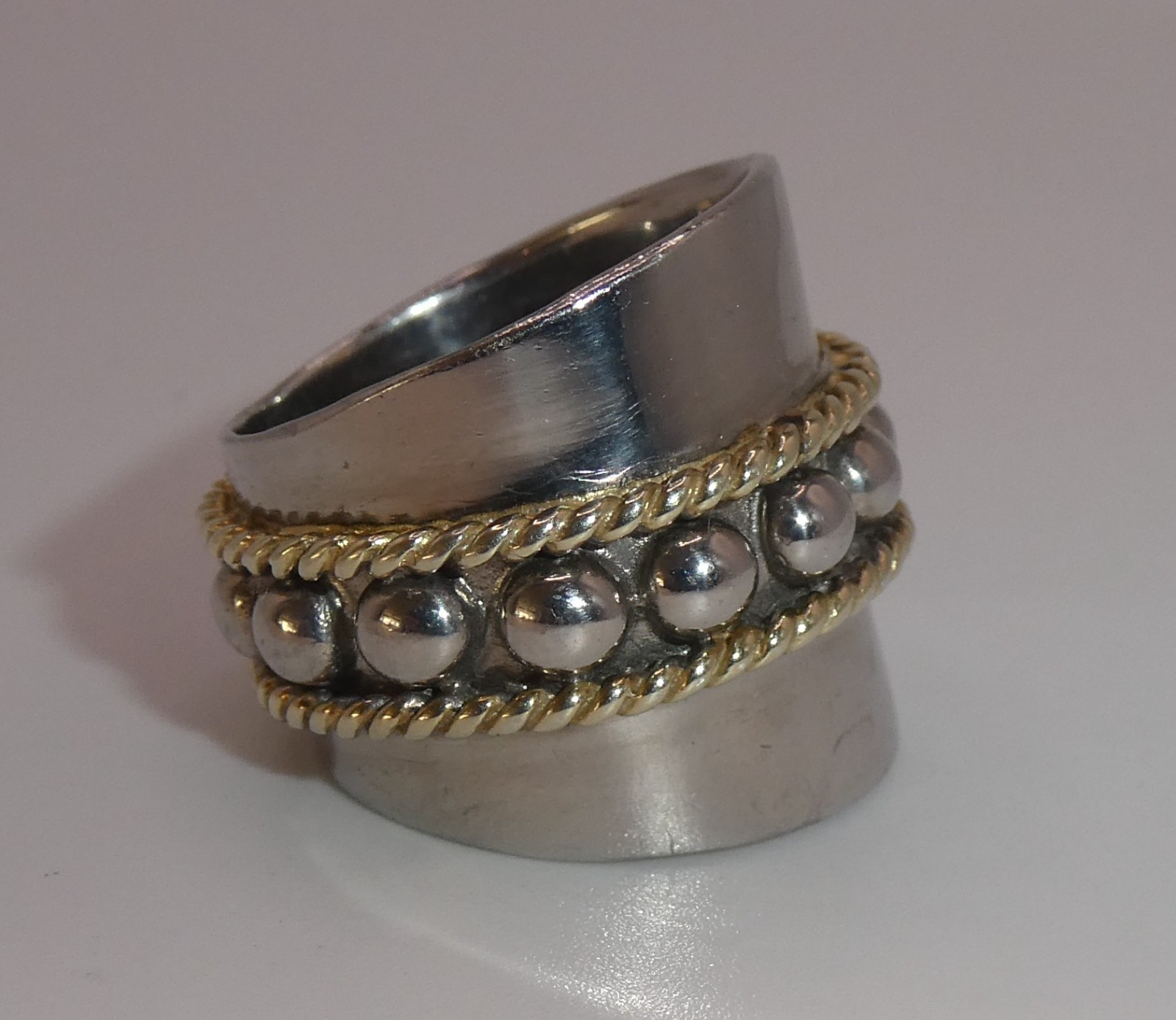 Chapel Zenray NF 925 Sterling Silver Wide Band Ring Rope Bead Gold Two Tone 7.5