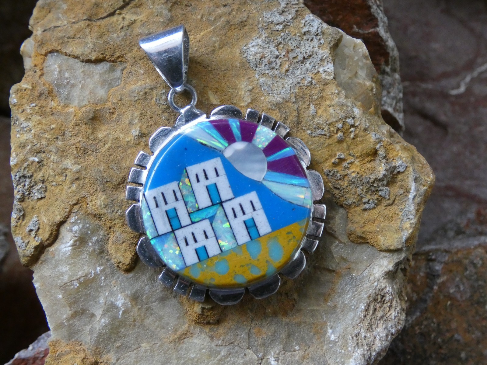 Southwestern Old Pueblo Gemstone Mix Sterling Silver Aluminum Alloy Pendant AT7