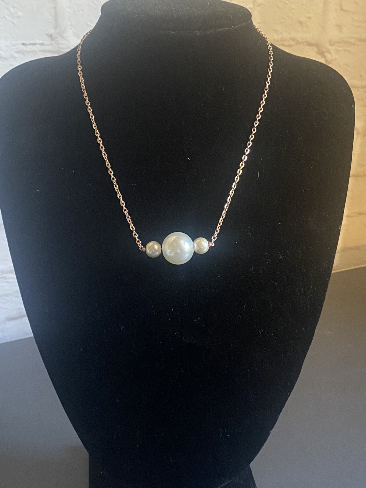 Costume Necklace Three Ivory Pearls on Rose Gold Tone Chain, Free Gift Box