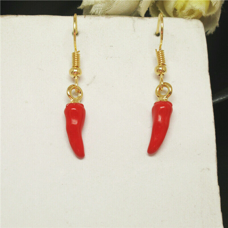 Cute New Yellow Gold Red Enamel Hot Chili Pepper Hook Dangle Drop Earrings