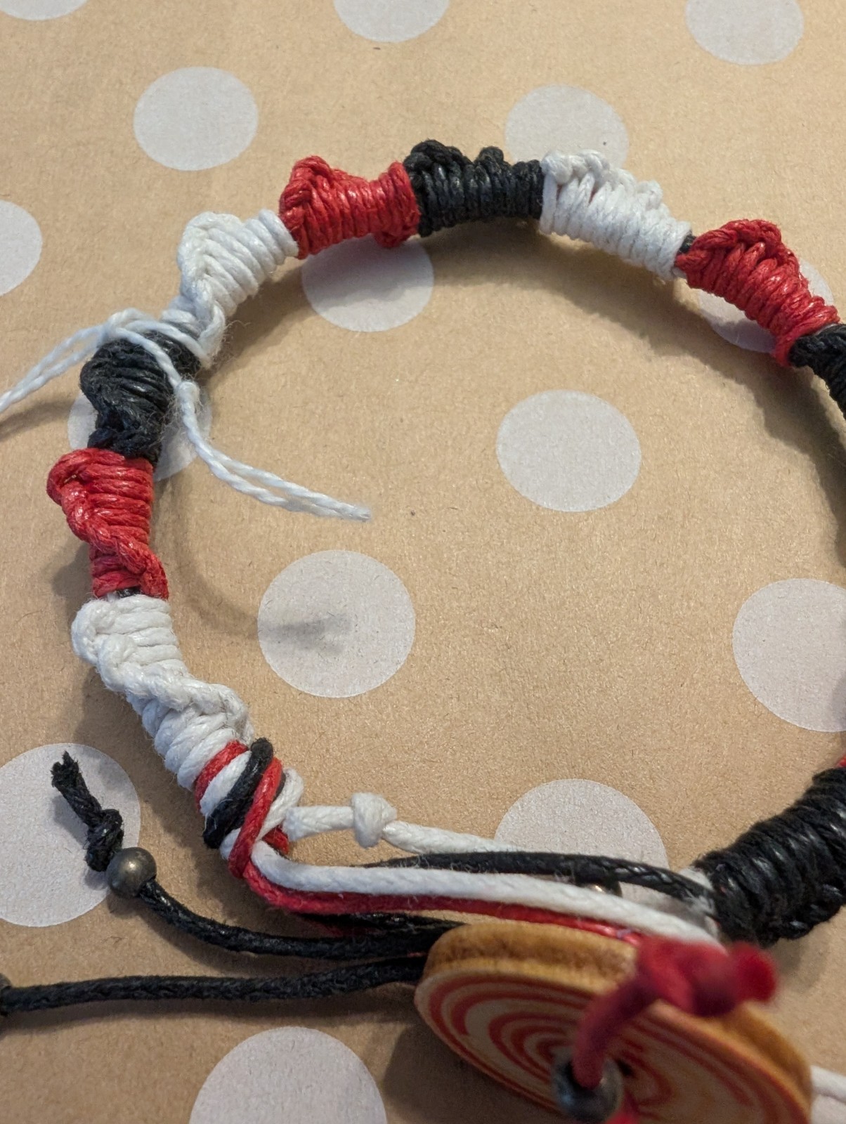 Handmade Cord Bracelet Red Black White Beaded Button Closure Boho Bracelet