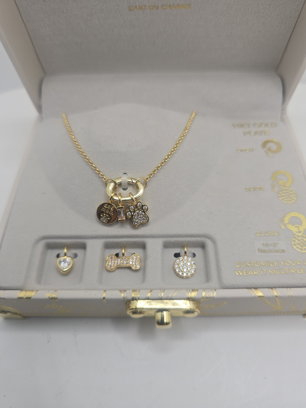 Charm Bar 14K- GP Customizable DOG Necklace Set 6 Charms NEW With Trunk Box