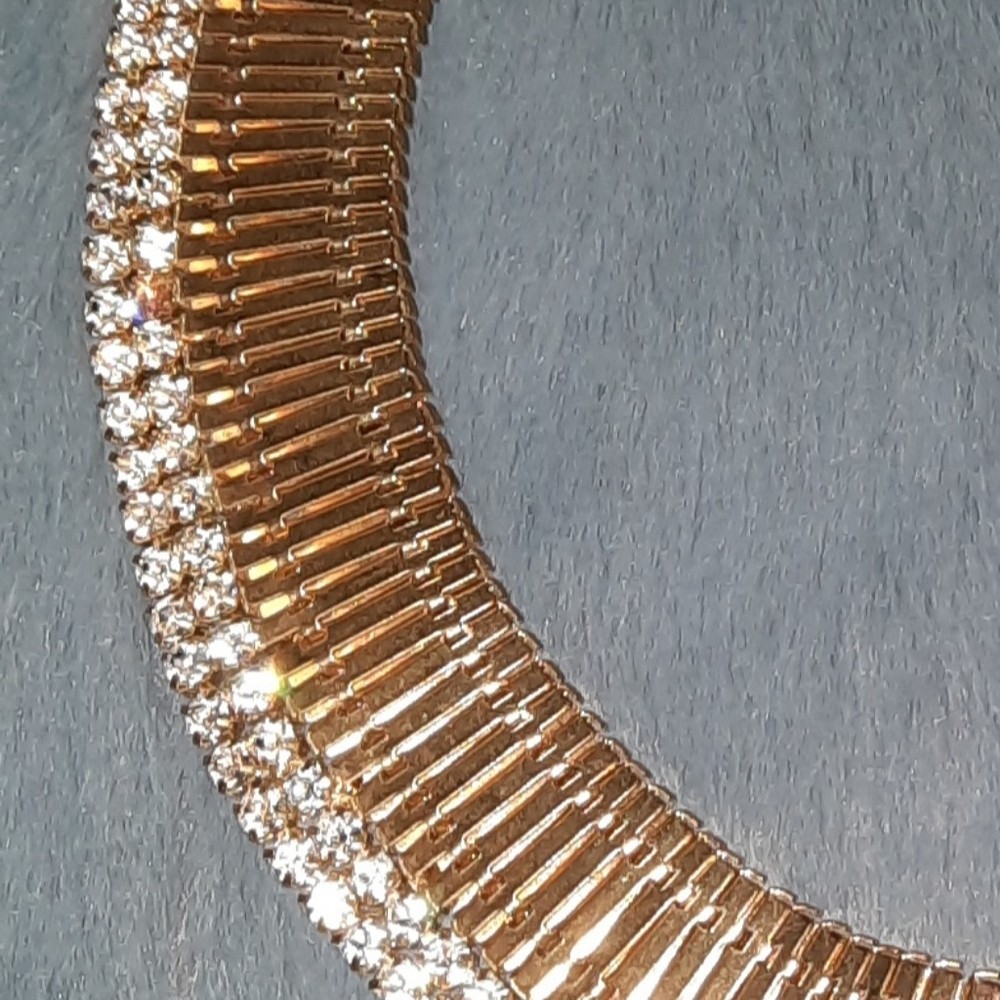 Cz goldtone accordian style choker collar bib necklace adjustable length