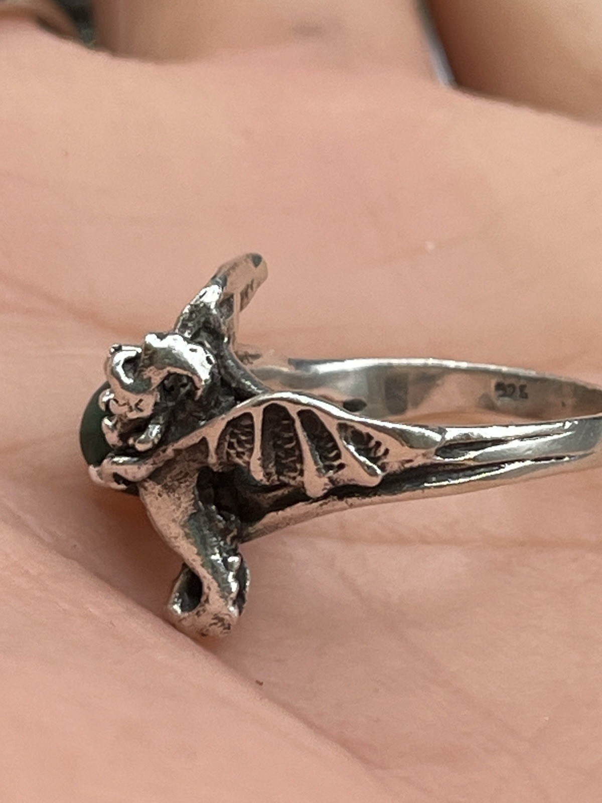 Sterling Silver 3-D Dragon Malachite In Talons Ring Fantasy Gothic Size 5.5